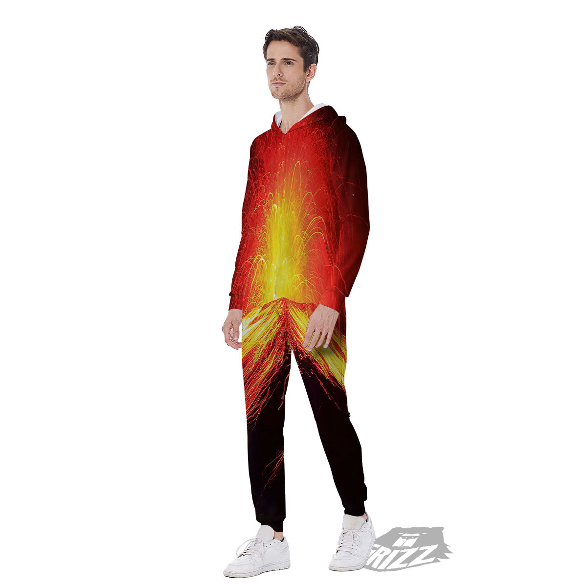 Volcano On Fire Print Men's Jumpsuit-grizzshop