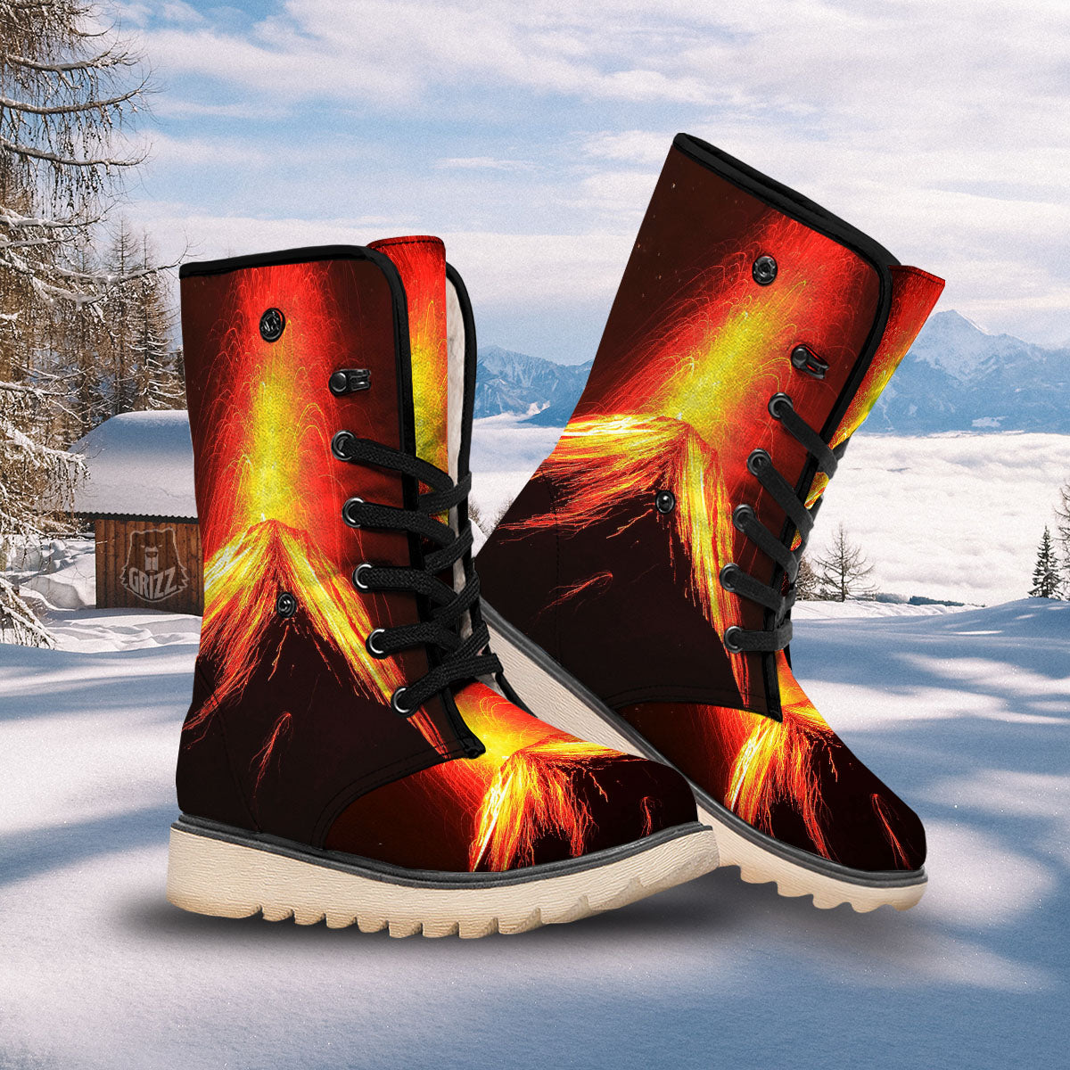 Volcano On Fire Print Snow Boots-grizzshop