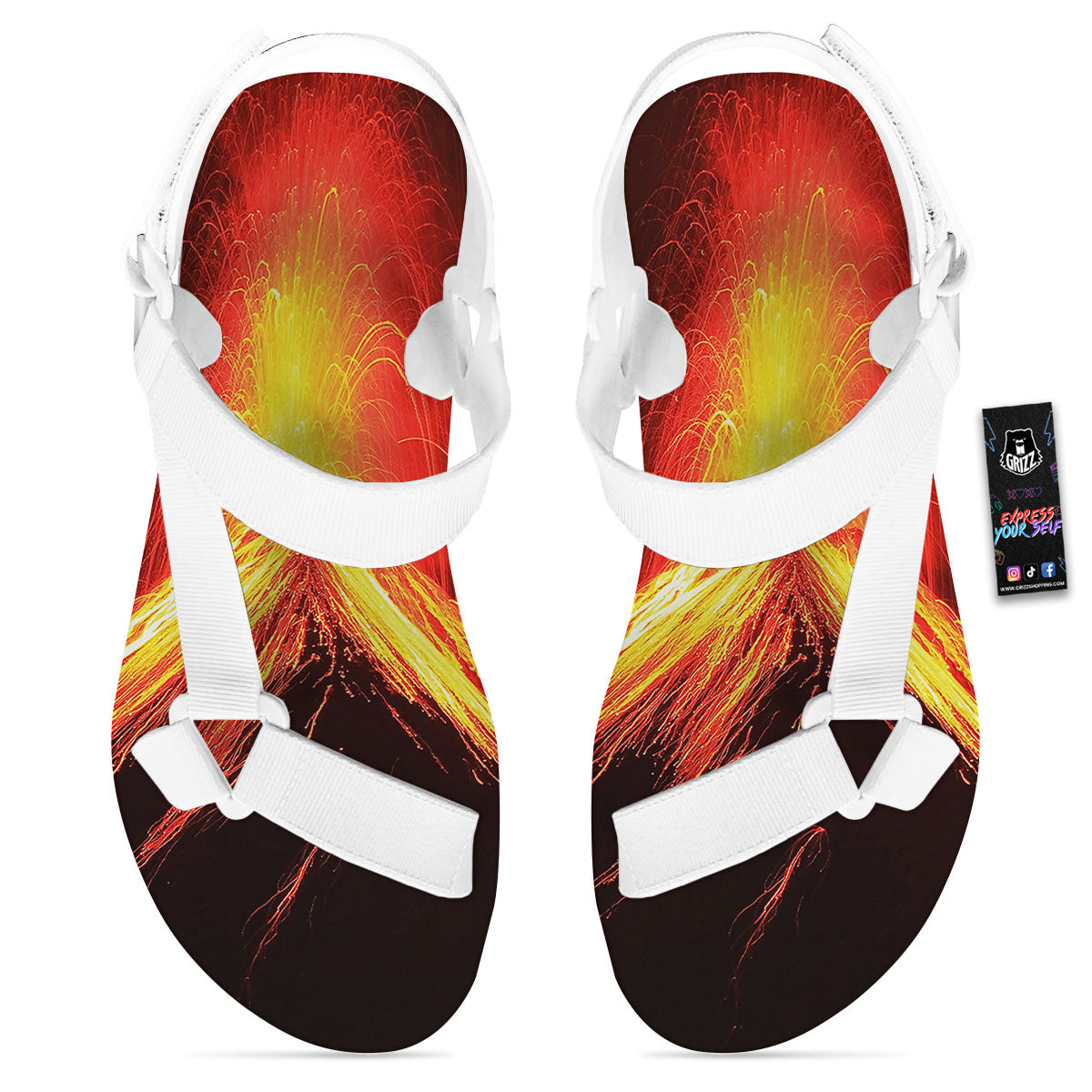 Volcano On Fire Print White Open Toe Sandals-grizzshop