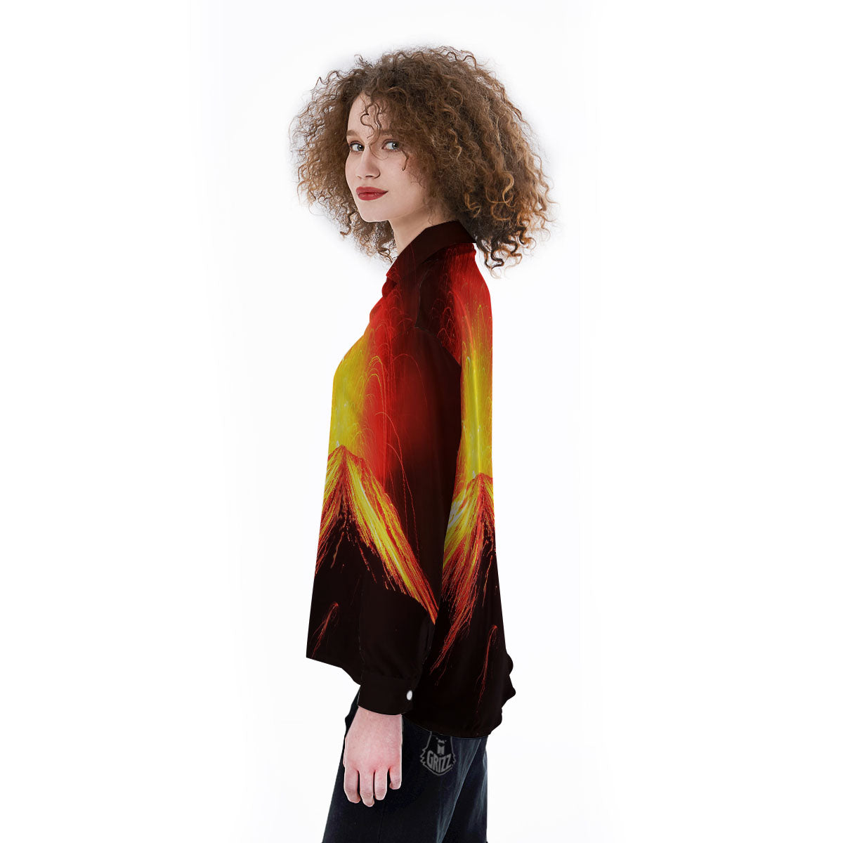 Volcano On Fire Print Women's Long Sleeve Shirts-grizzshop