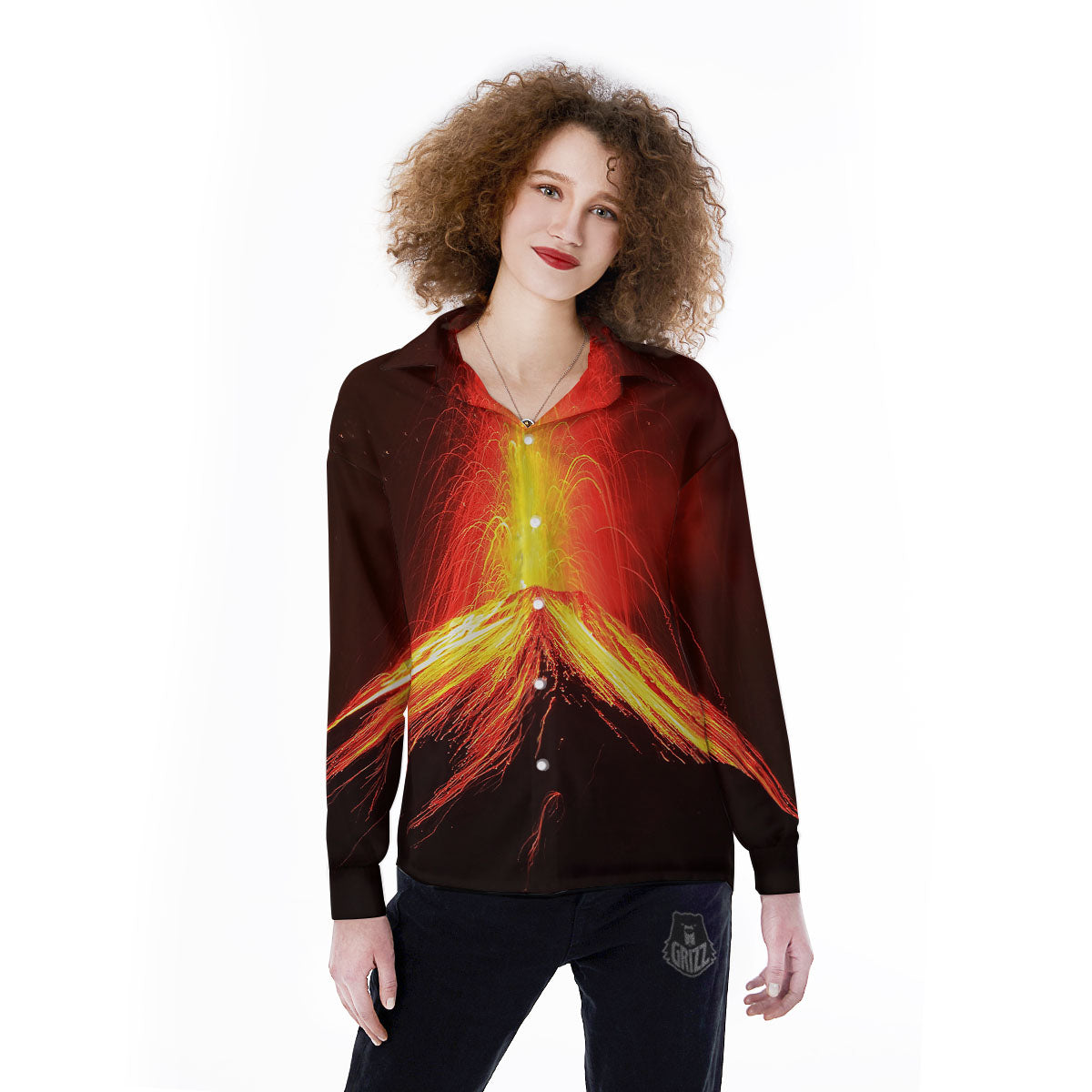 Volcano On Fire Print Women's Long Sleeve Shirts-grizzshop