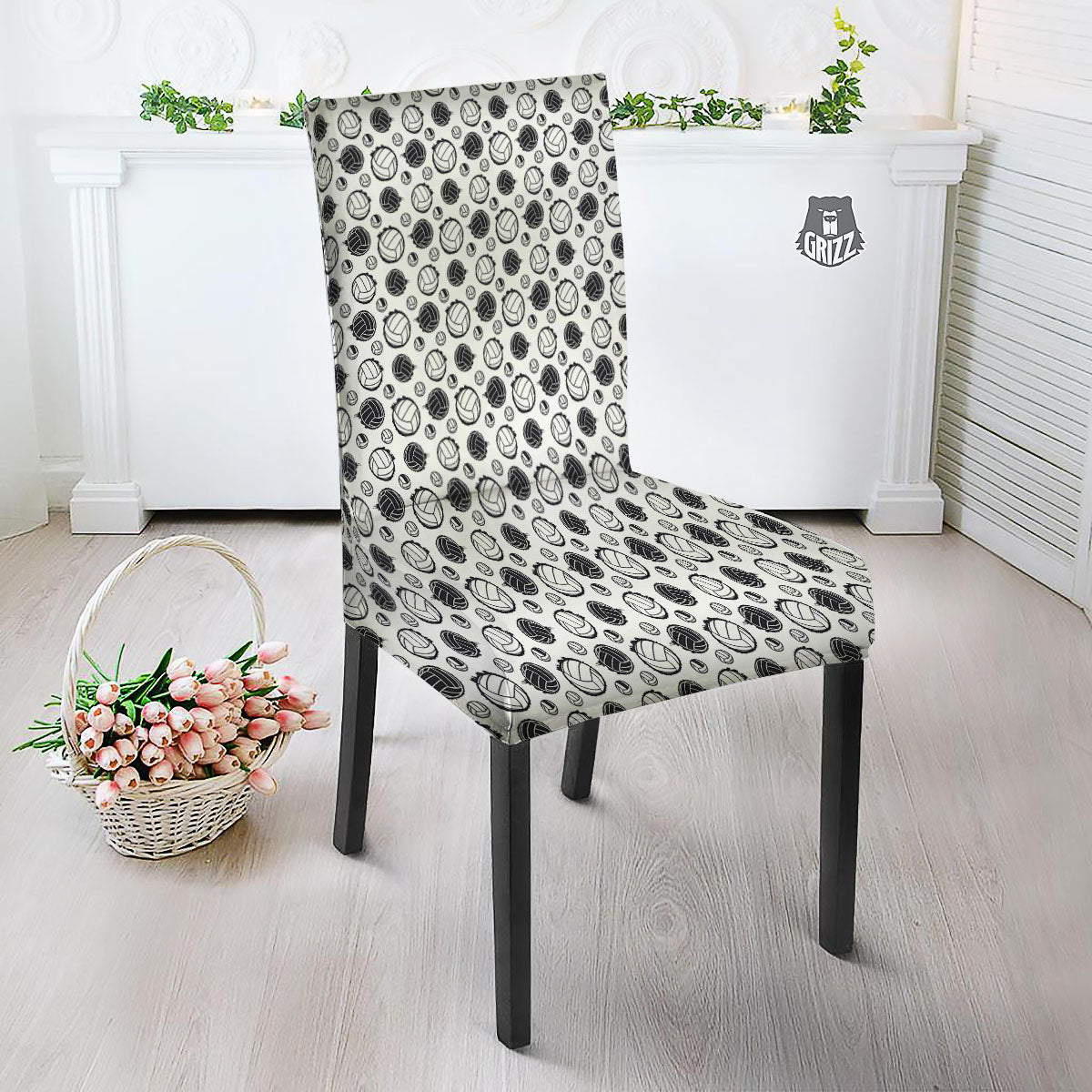 Volleyball White And Black Print Pattern Dining Chair Slipcover-grizzshop
