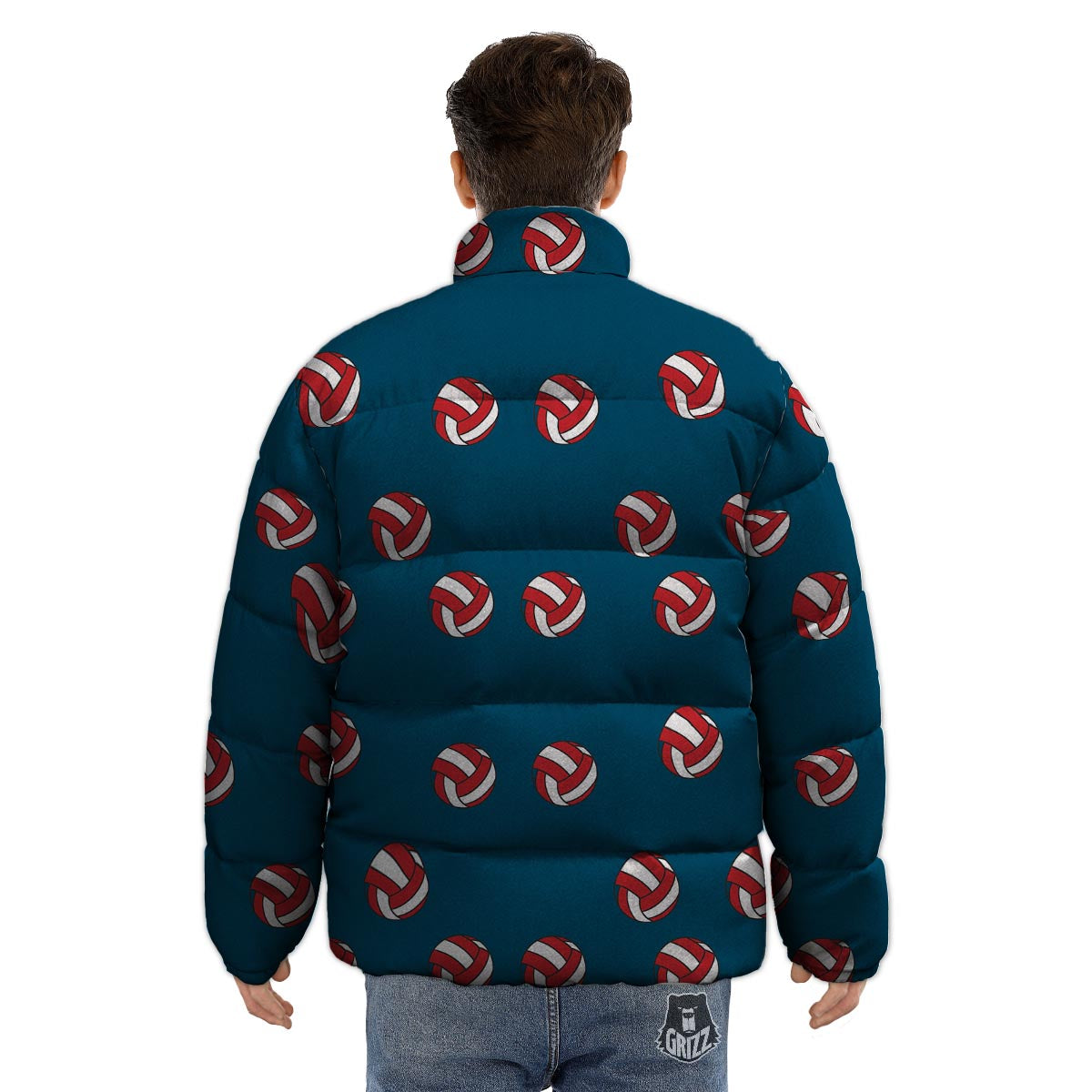 Volleyball White And Red Print Pattern Puffer Jacket-grizzshop