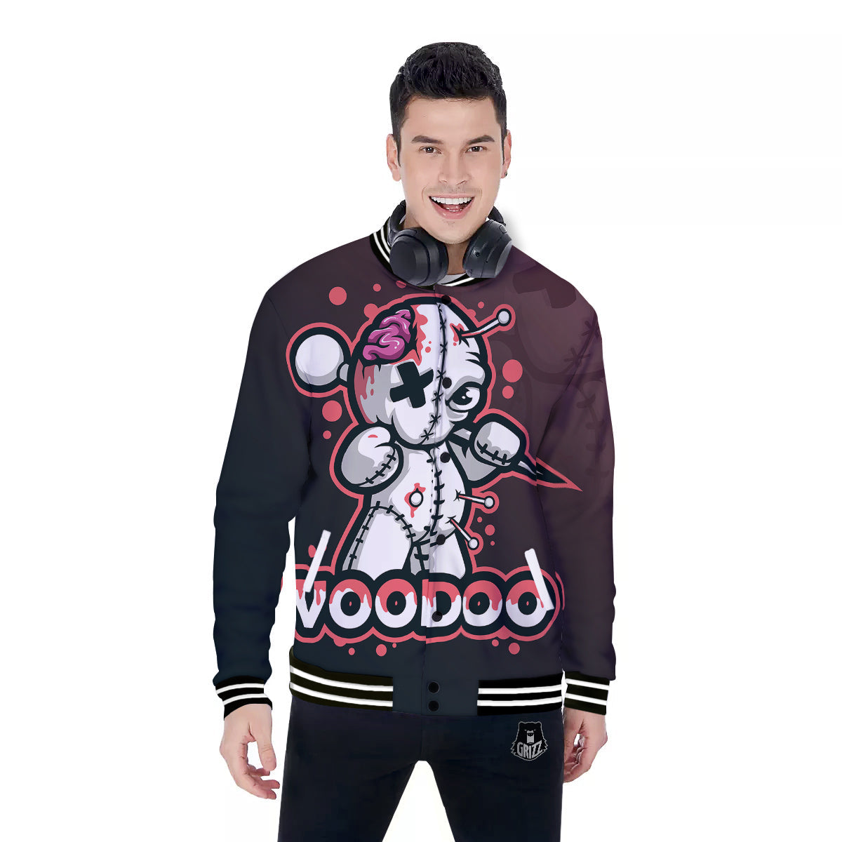 Voodoo Doll Cartoon Print Baseball Jacket-grizzshop