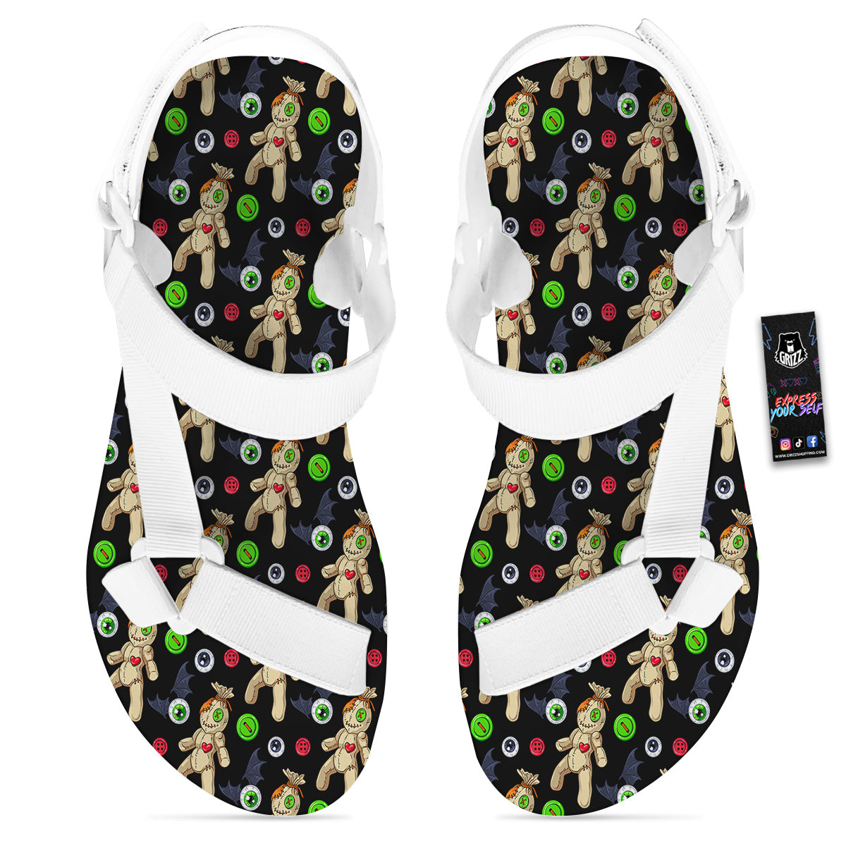 Voodoo Doll Cartoon Print Pattern White Open Toe Sandals-grizzshop