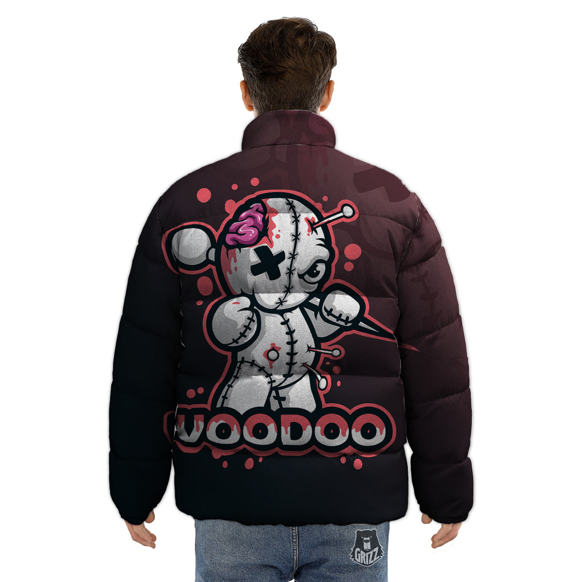 Voodoo Doll Cartoon Print Puffer Jacket-grizzshop