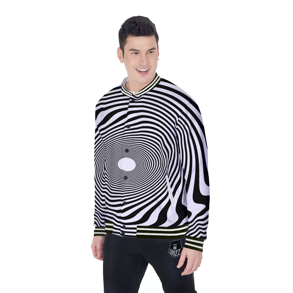 Vortex Swirl White And Black Print Baseball Jacket-grizzshop