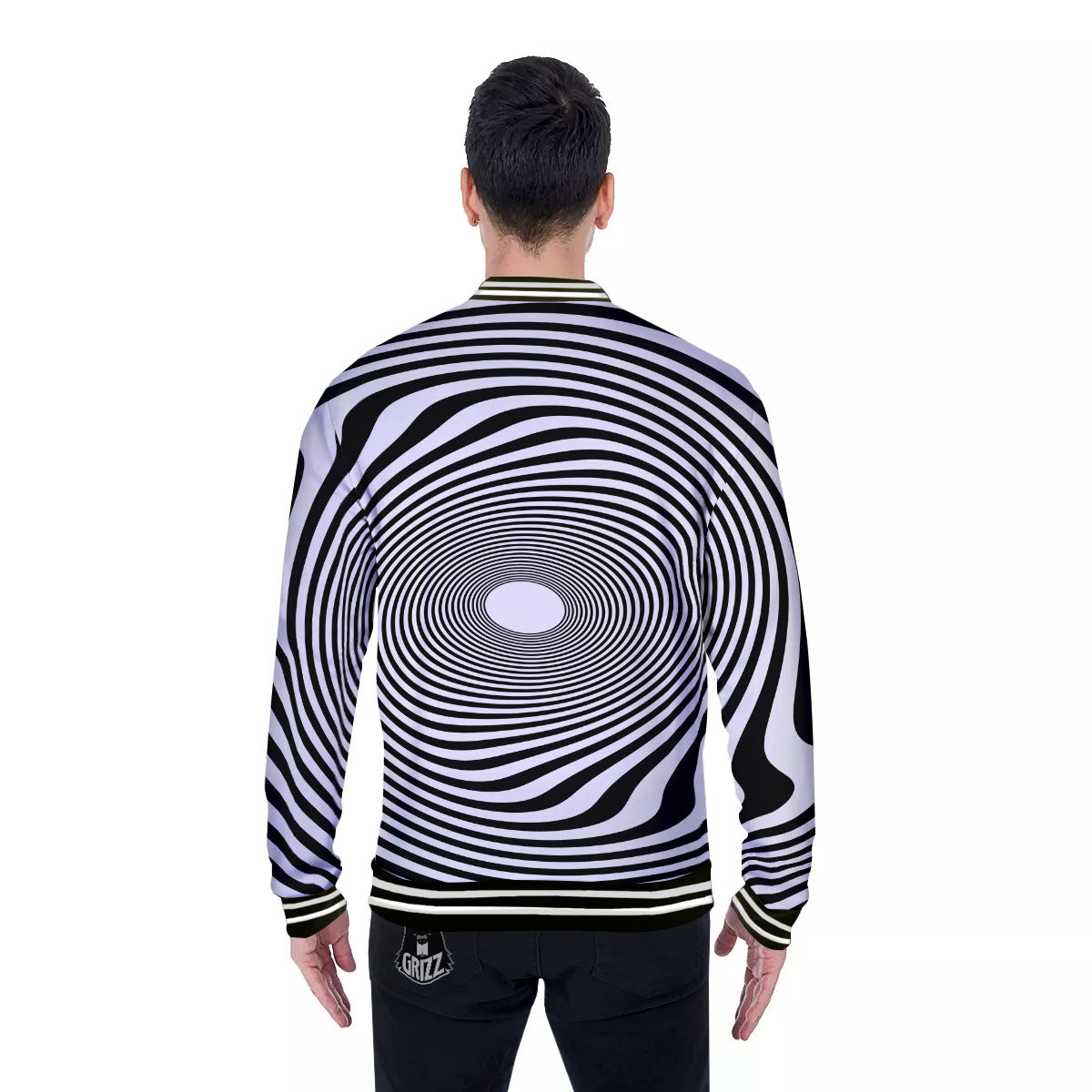 Vortex Swirl White And Black Print Baseball Jacket-grizzshop
