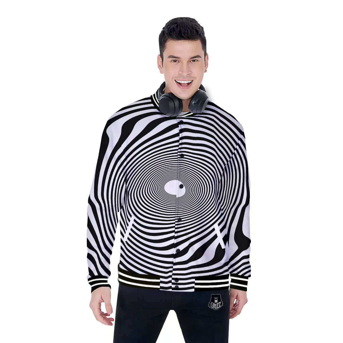 Vortex Swirl White And Black Print Baseball Jacket-grizzshop