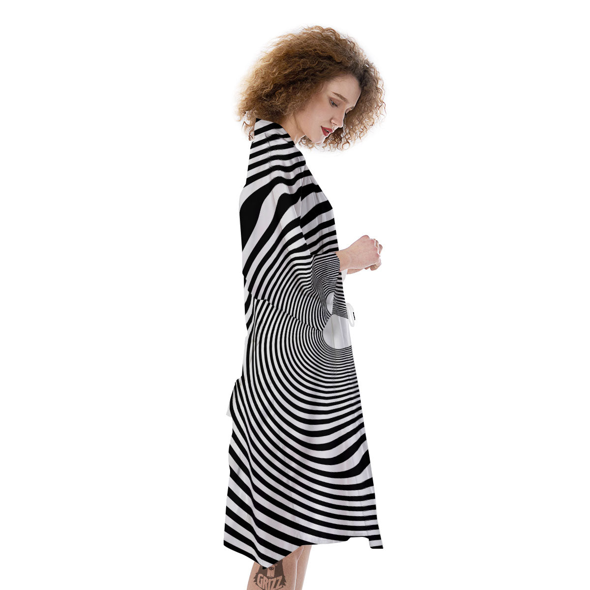 Vortex Swirl White And Black Print Kimono-grizzshop