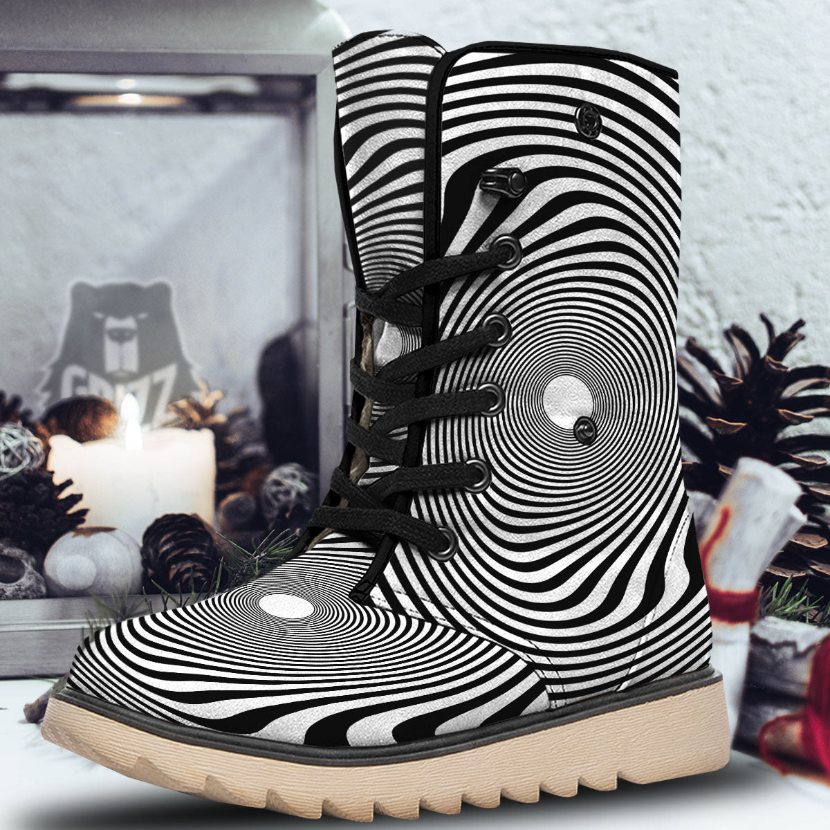 Vortex Swirl White And Black Print Snow Boots-grizzshop