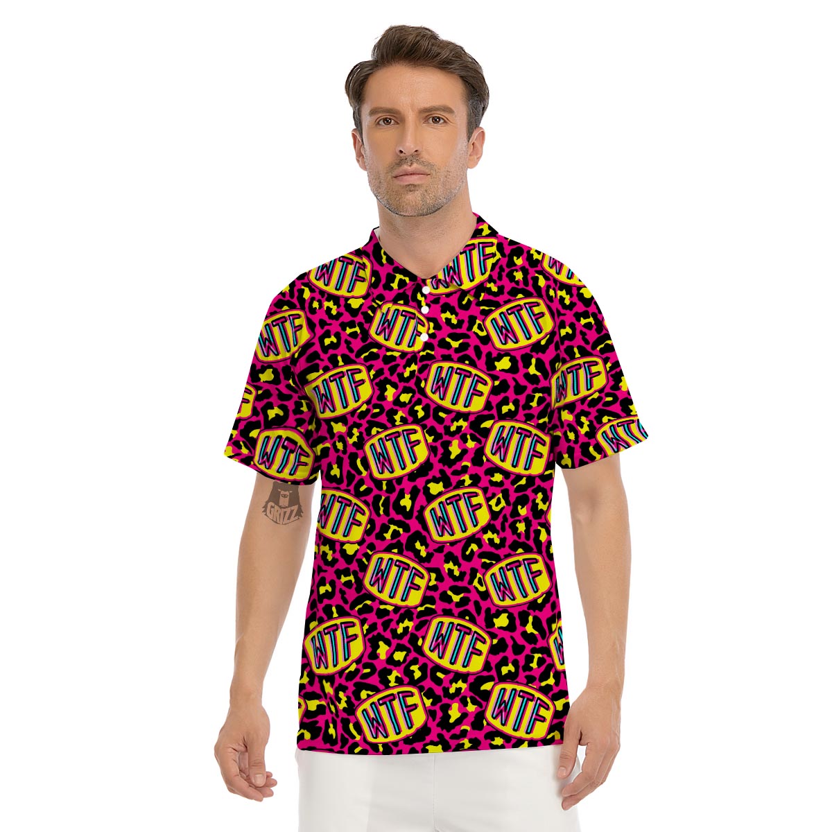 WTF Cheetah Hiphop Graffiti Print Men's Golf Shirts-grizzshop