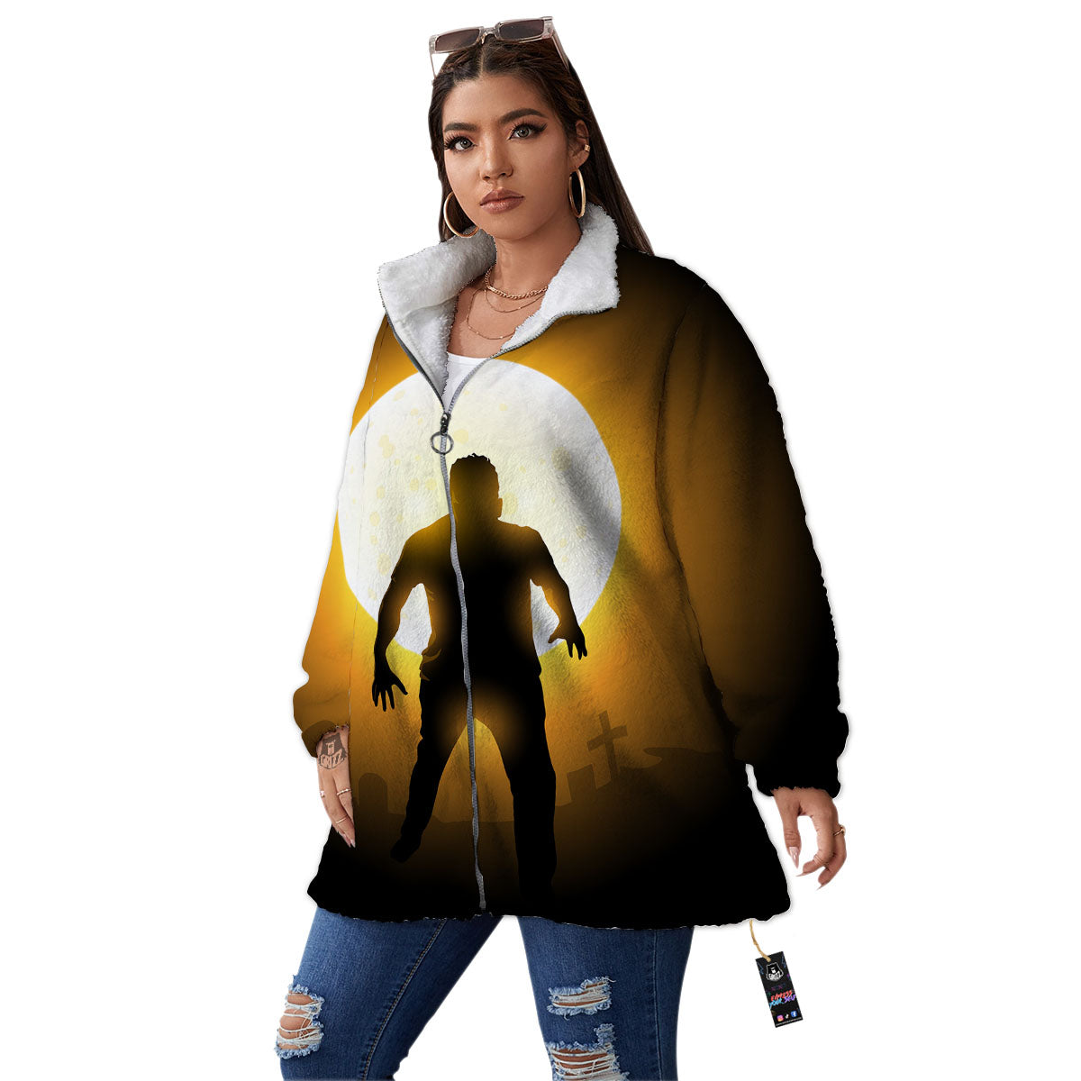 Walking Zombie Halloween Print Women's Sherpa Jacket-grizzshop