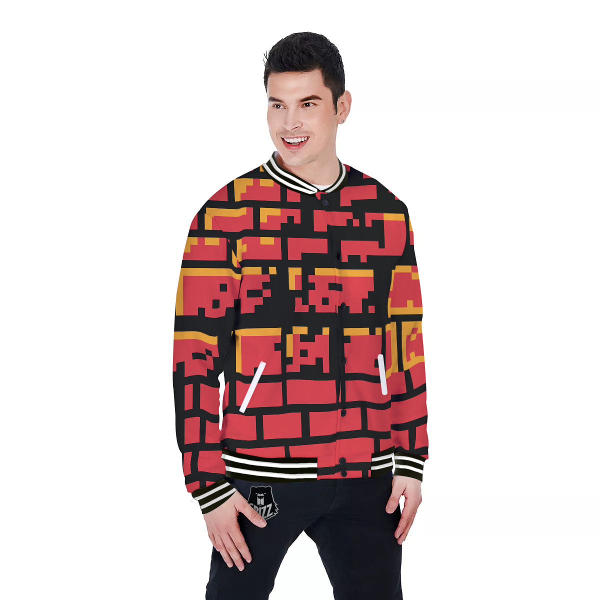 Wall Orange 8-Bit Pixel Print Baseball Jacket-grizzshop
