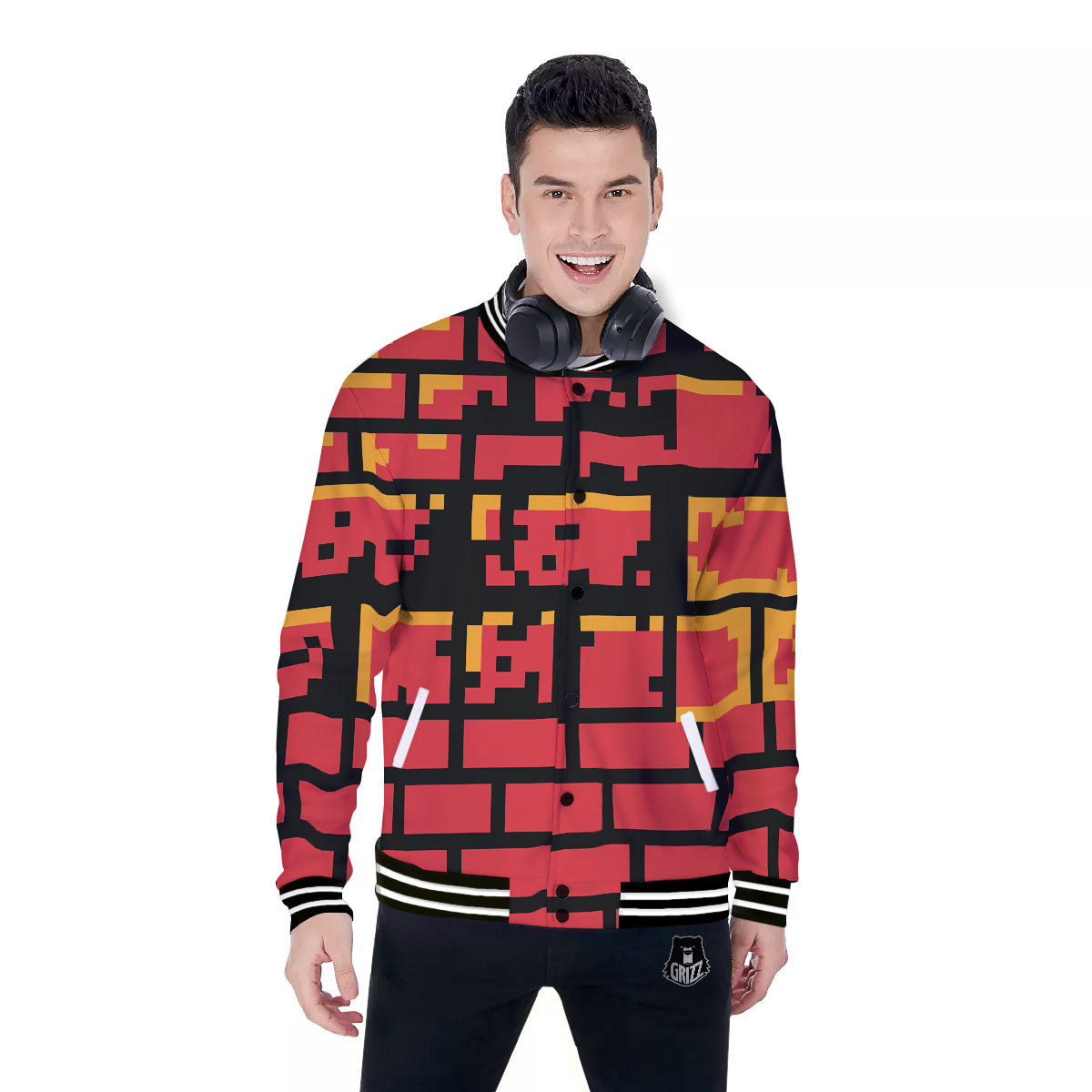 Wall Orange 8-Bit Pixel Print Baseball Jacket-grizzshop