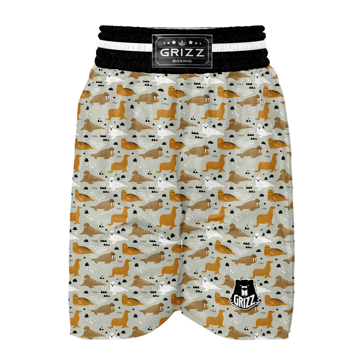 Walrus Brown And White Print Pattern Boxing Shorts-grizzshop
