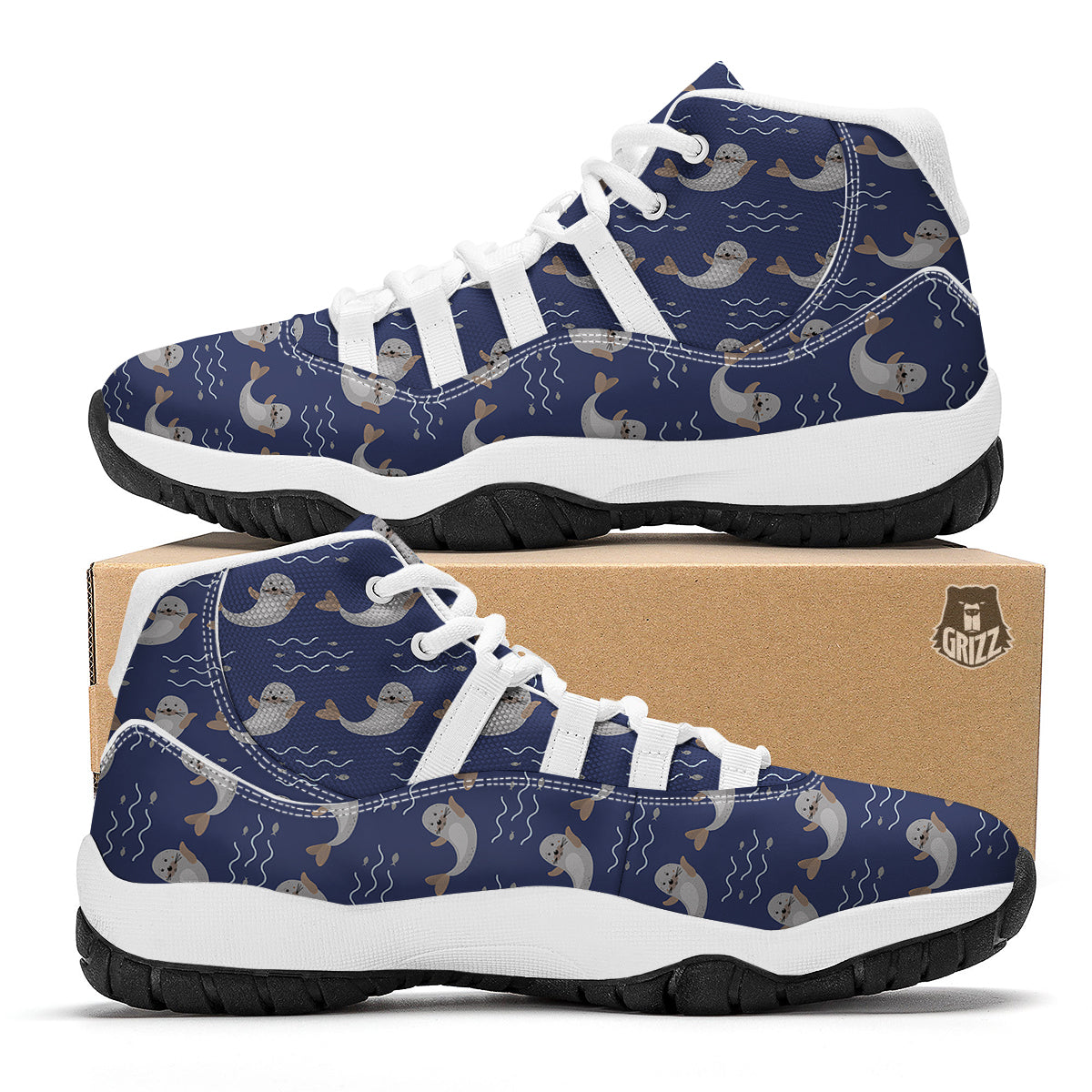 Walrus On Sea Print Pattern White Bball Shoes-grizzshop