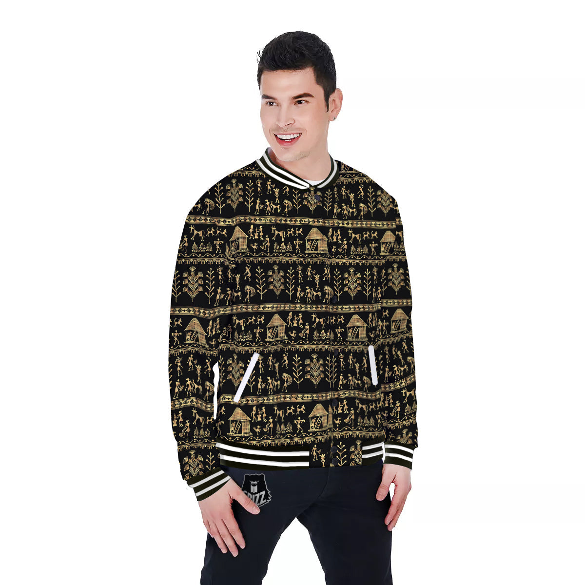 Warli Gold And Black Print Pattern Baseball Jacket-grizzshop