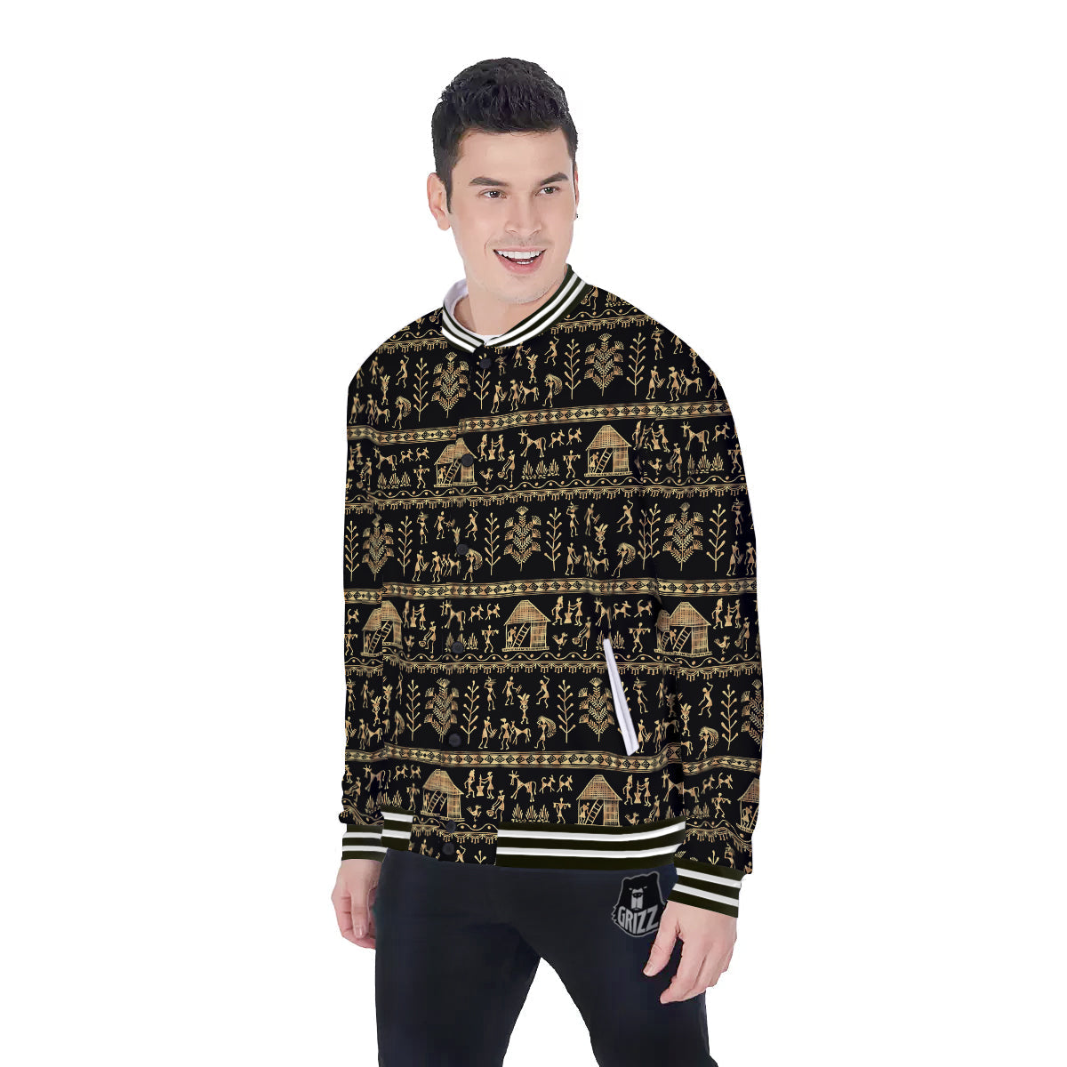 Warli Gold And Black Print Pattern Baseball Jacket-grizzshop