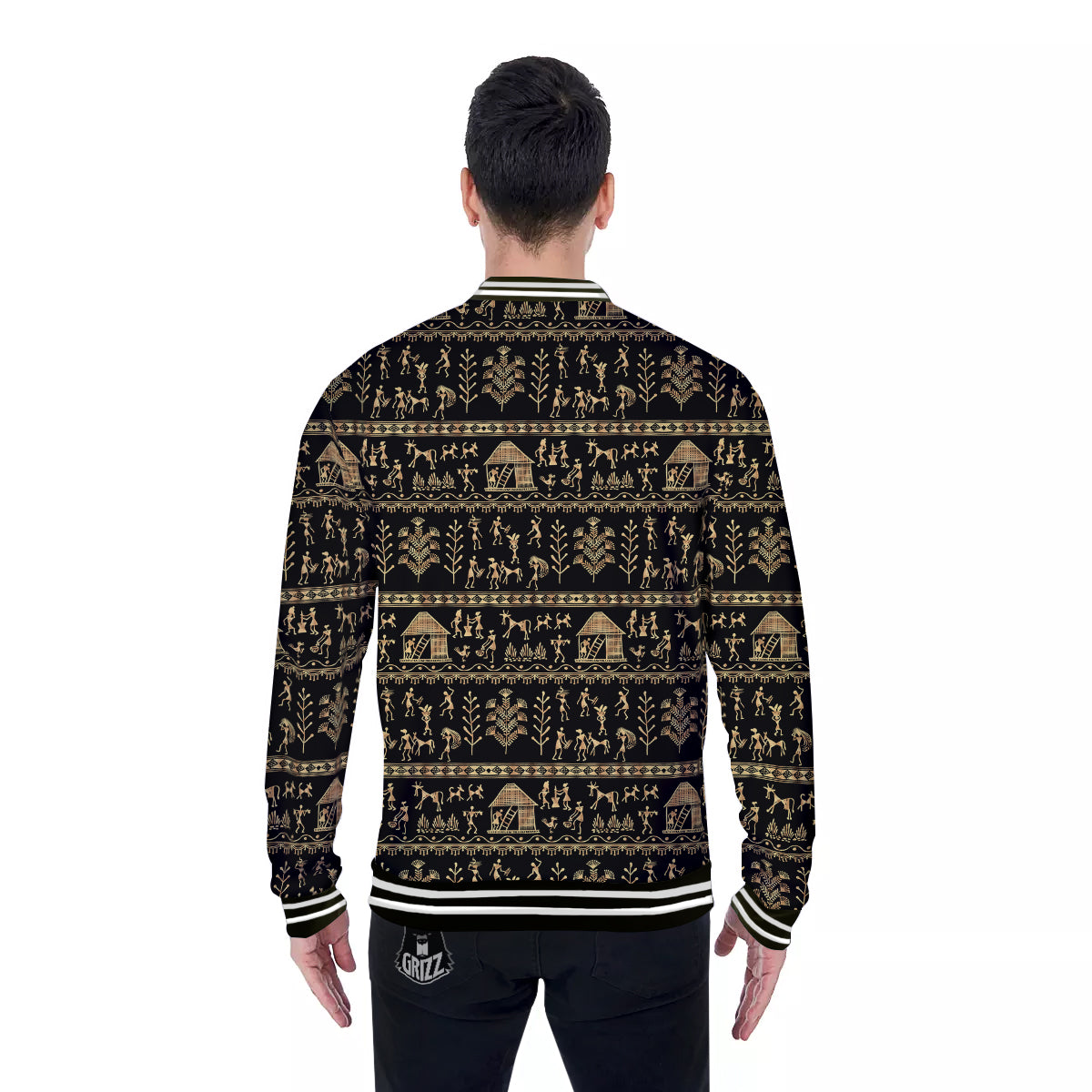 Warli Gold And Black Print Pattern Baseball Jacket-grizzshop