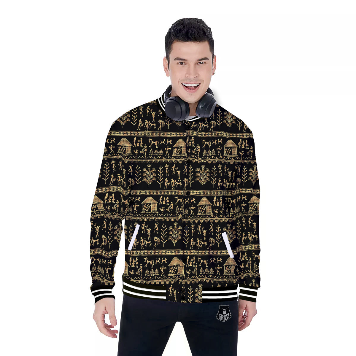 Warli Gold And Black Print Pattern Baseball Jacket-grizzshop