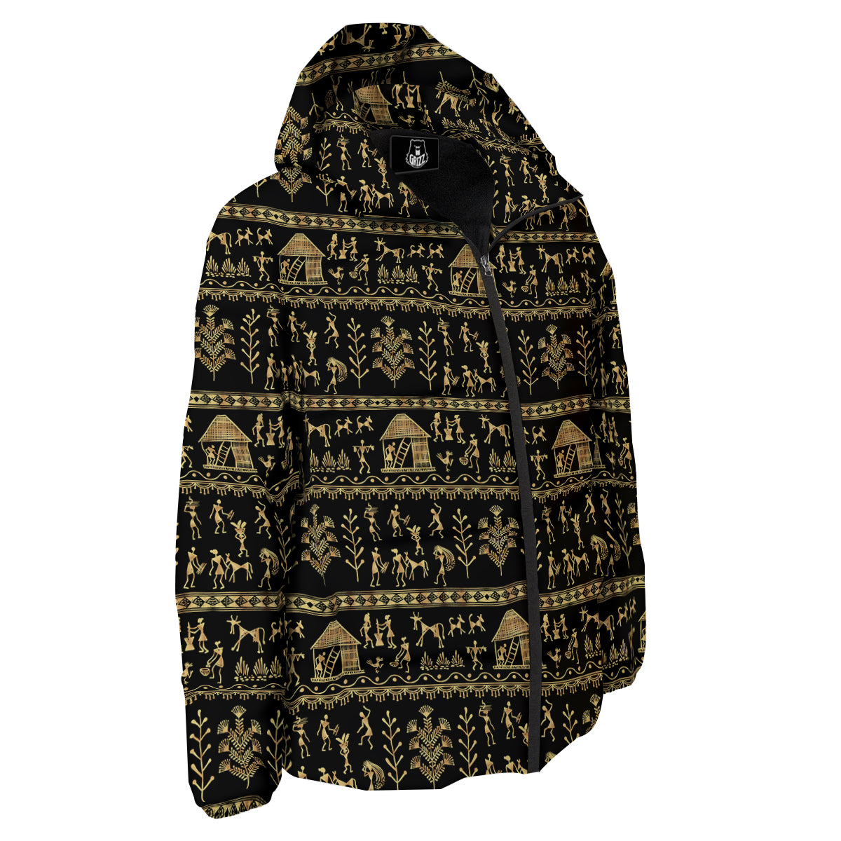 Warli Gold And Black Print Pattern Down Jacket-grizzshop
