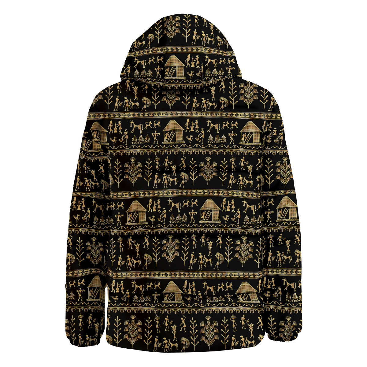 Warli Gold And Black Print Pattern Down Jacket-grizzshop