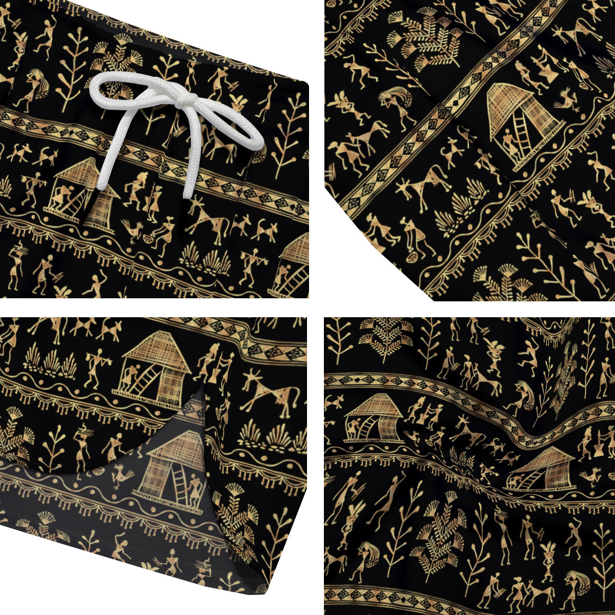 Warli Gold And Black Print Pattern Men's Running Shorts-grizzshop