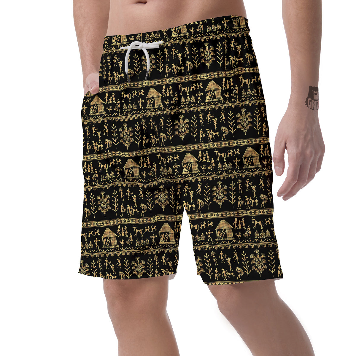 Warli Gold And Black Print Pattern Men's Shorts-grizzshop