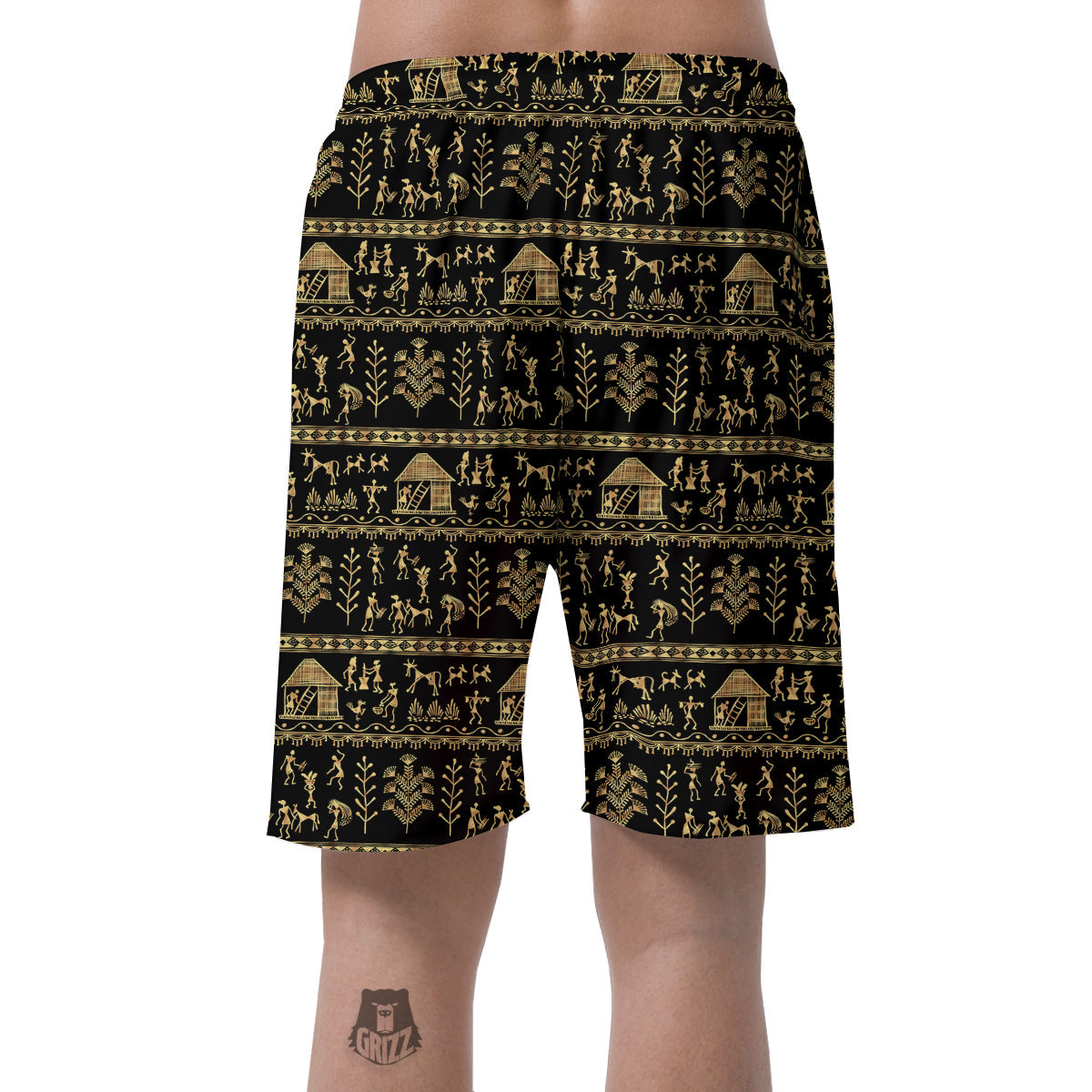 Warli Gold And Black Print Pattern Men's Shorts-grizzshop