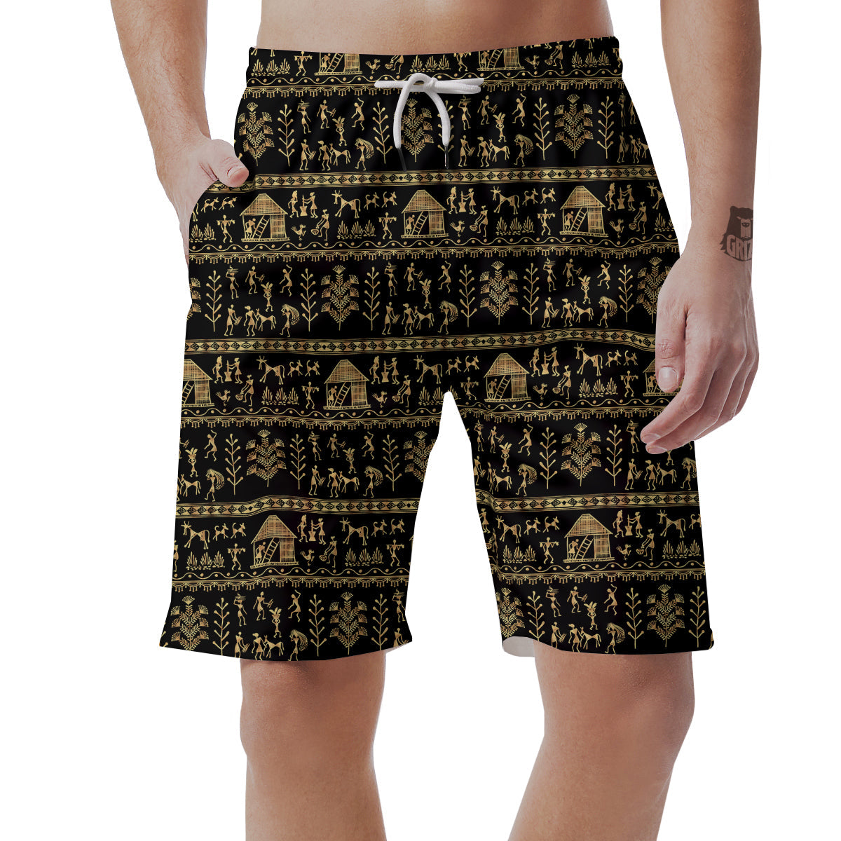 Warli Gold And Black Print Pattern Men's Shorts-grizzshop