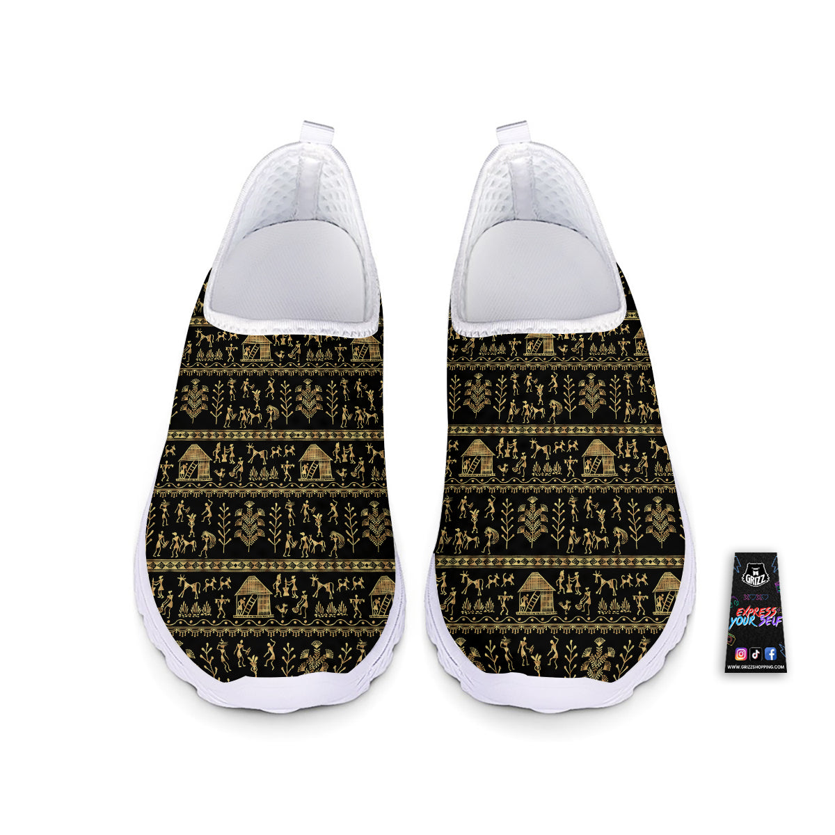 Warli Gold And Black Print Pattern Nurse Shoes-grizzshop