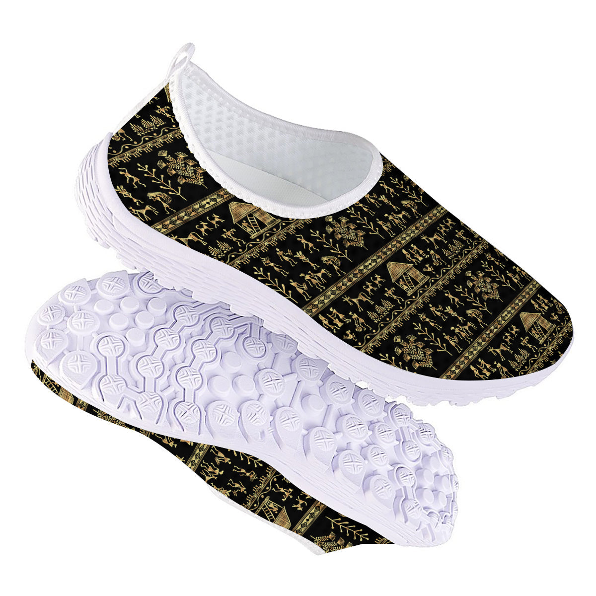Warli Gold And Black Print Pattern Nurse Shoes-grizzshop