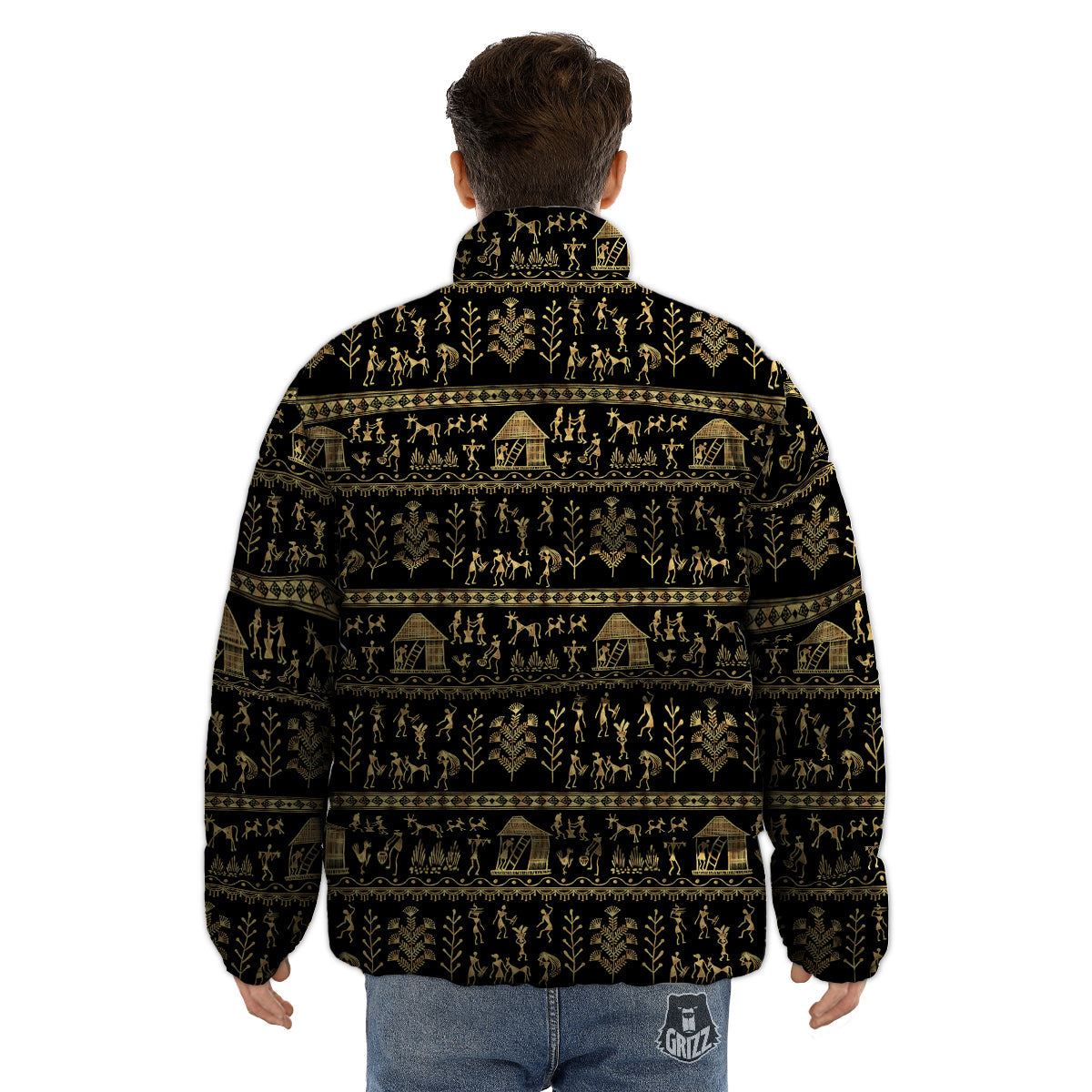 Warli Gold And Black Print Pattern Puffer Jacket-grizzshop
