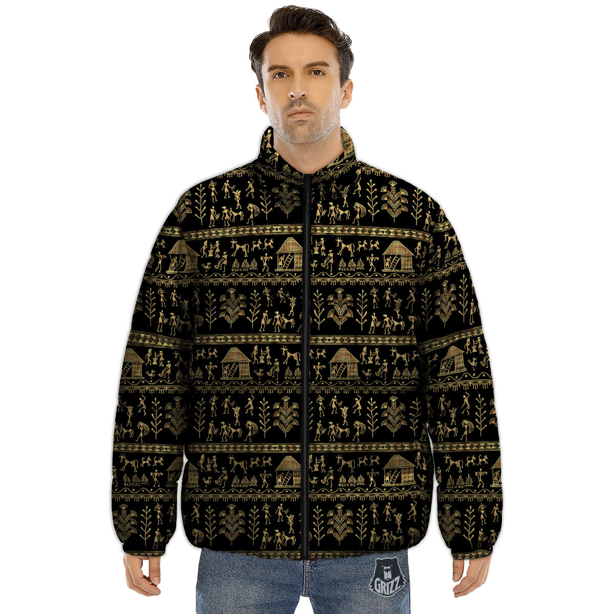 Warli Gold And Black Print Pattern Puffer Jacket-grizzshop