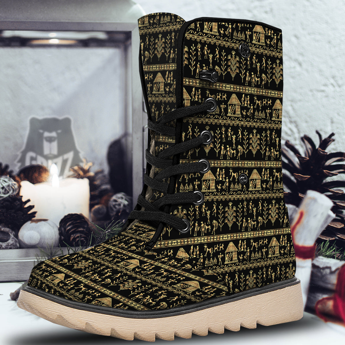 Warli Gold And Black Print Pattern Snow Boots-grizzshop