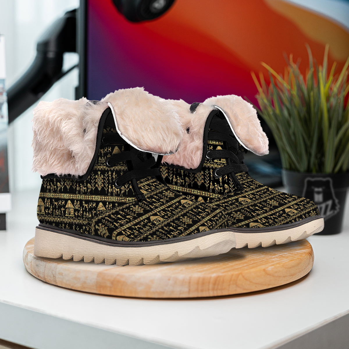 Warli Gold And Black Print Pattern Snow Boots-grizzshop