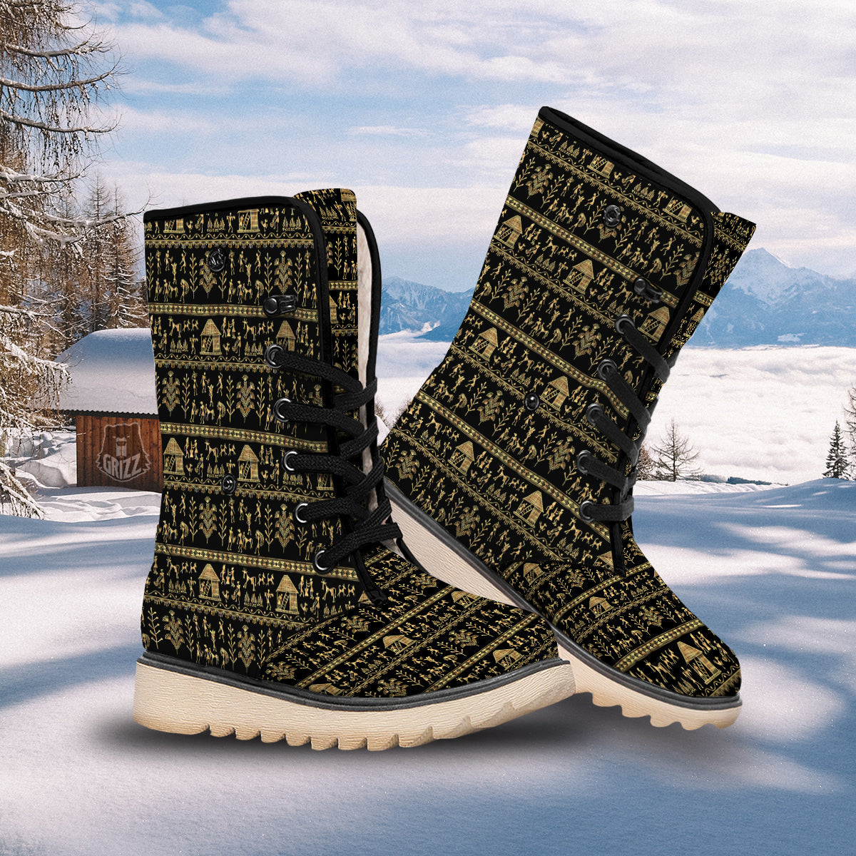 Warli Gold And Black Print Pattern Snow Boots-grizzshop