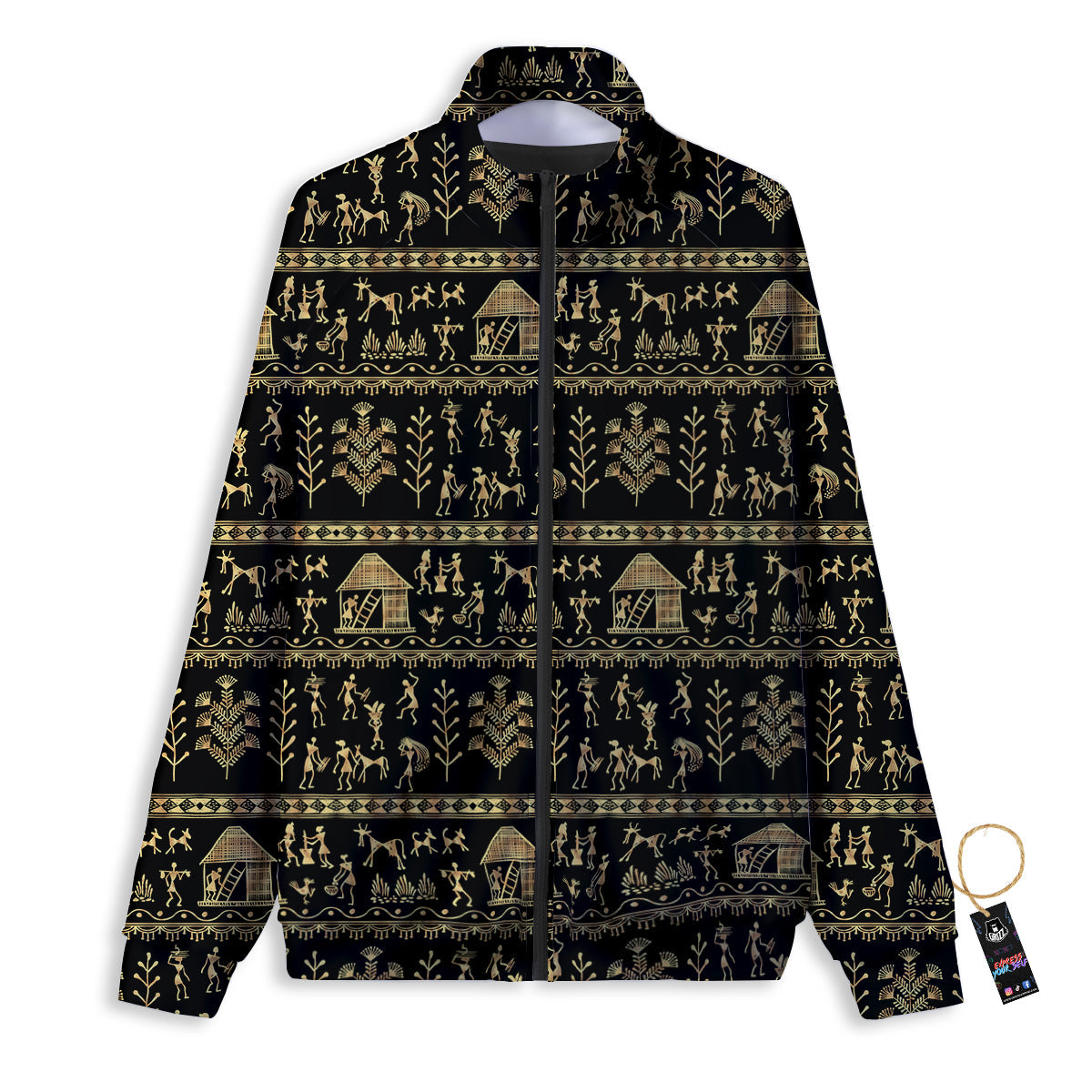 Warli Gold And Black Print Pattern Track Jacket-grizzshop
