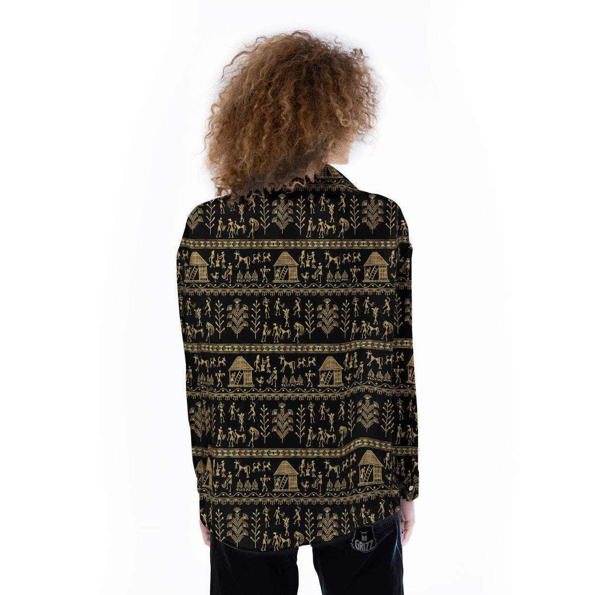 Warli Gold And Black Print Pattern Women's Long Sleeve Shirts-grizzshop