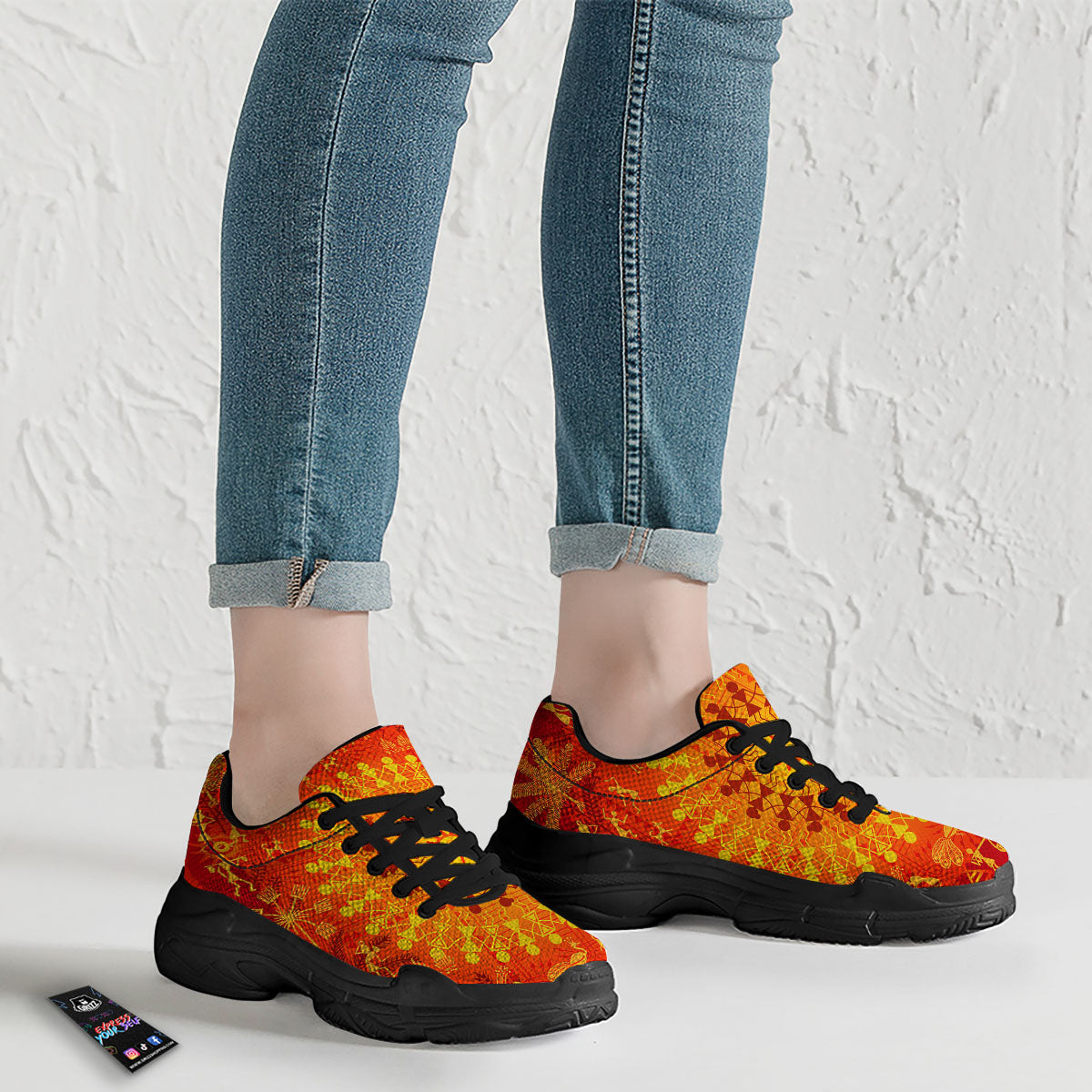 Warli Tribal Ancient Indian Print Black Chunky Shoes-grizzshop