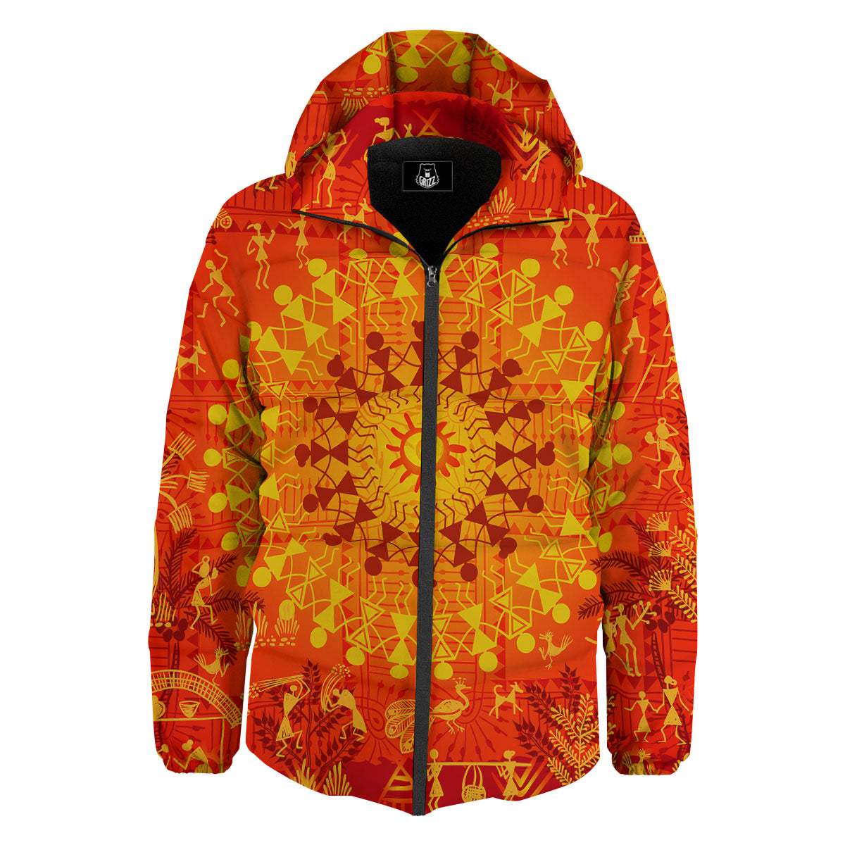 Warli Tribal Ancient Indian Print Down Jacket-grizzshop