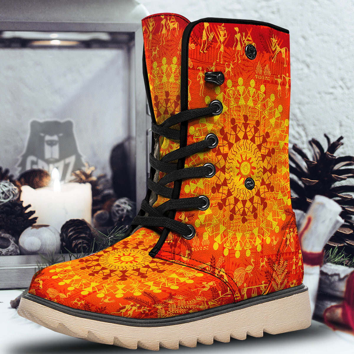 Warli Tribal Ancient Indian Print Snow Boots-grizzshop