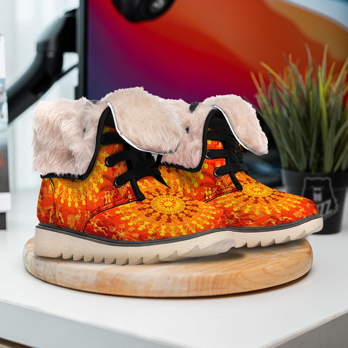 Warli Tribal Ancient Indian Print Snow Boots-grizzshop