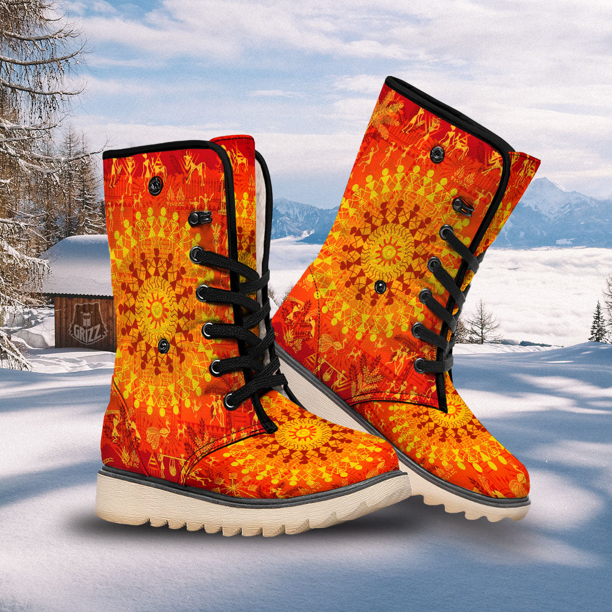 Warli Tribal Ancient Indian Print Snow Boots-grizzshop