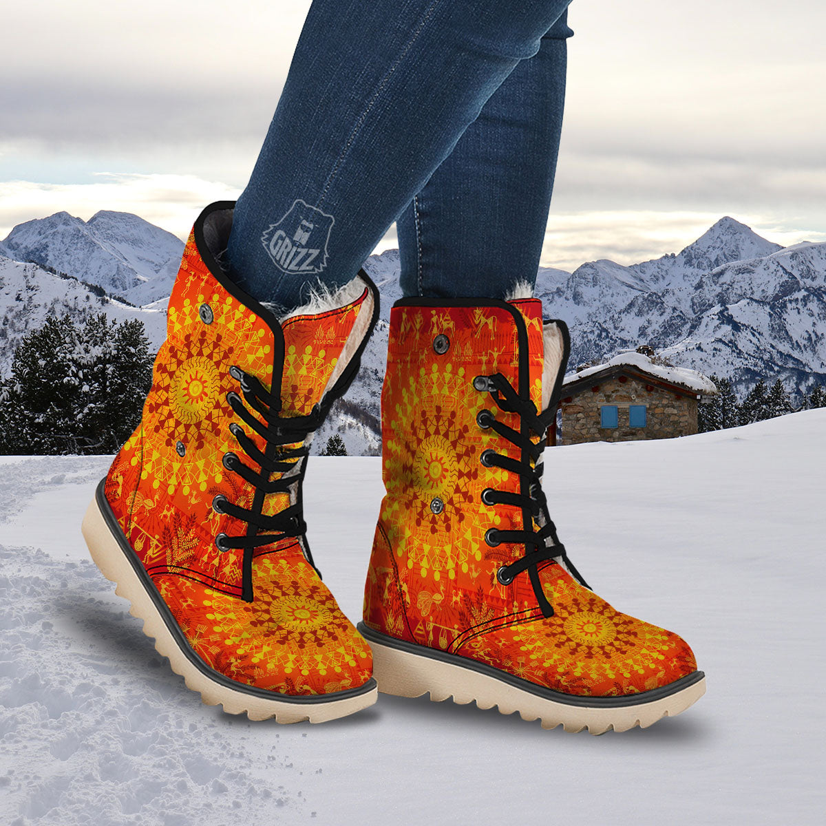 Warli Tribal Ancient Indian Print Snow Boots-grizzshop