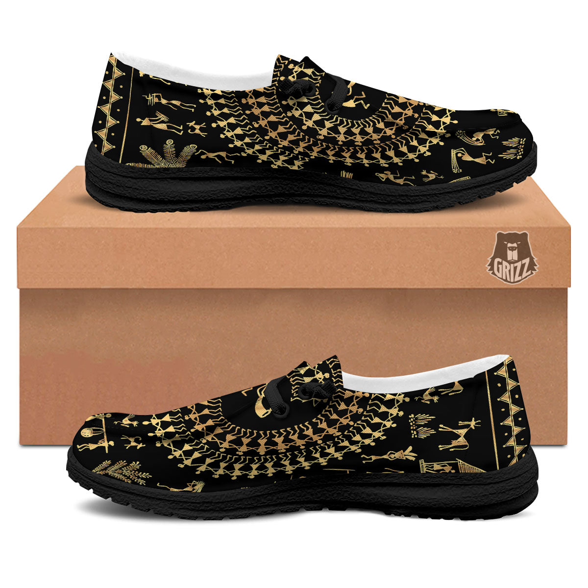 Warli Tribal Gold And Black Print Black Loafers-grizzshop