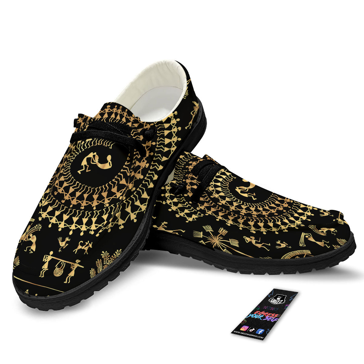 Warli Tribal Gold And Black Print Black Loafers-grizzshop
