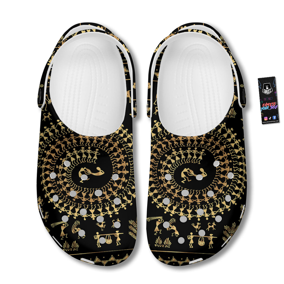 Warli Tribal Gold And Black Print Clog-grizzshop