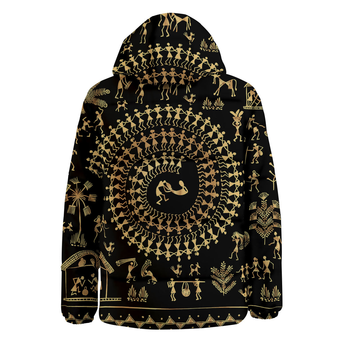 Warli Tribal Gold And Black Print Down Jacket-grizzshop